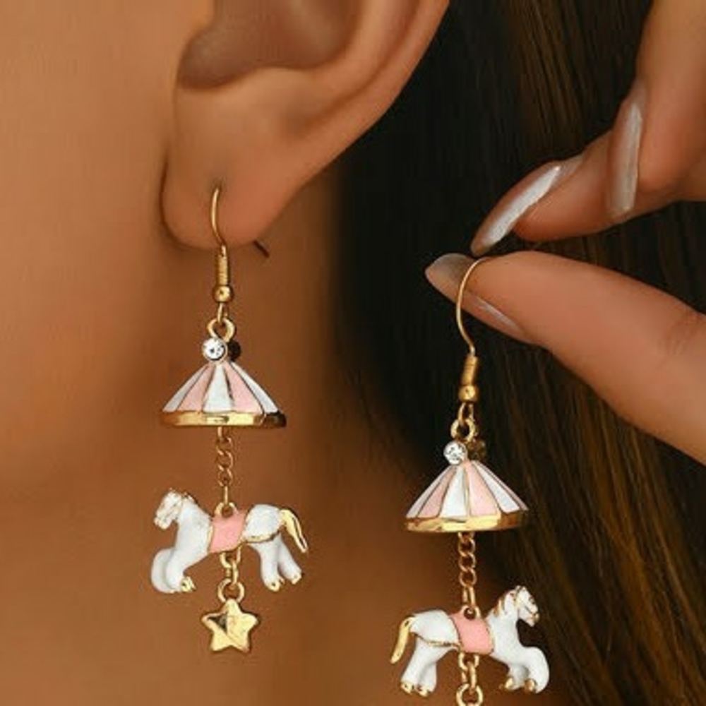 One Pair Enamel Carousel Pony Earrings